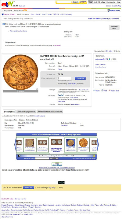 ndoroman1  eBay Listing for Gold Sovereign 1909 Coin